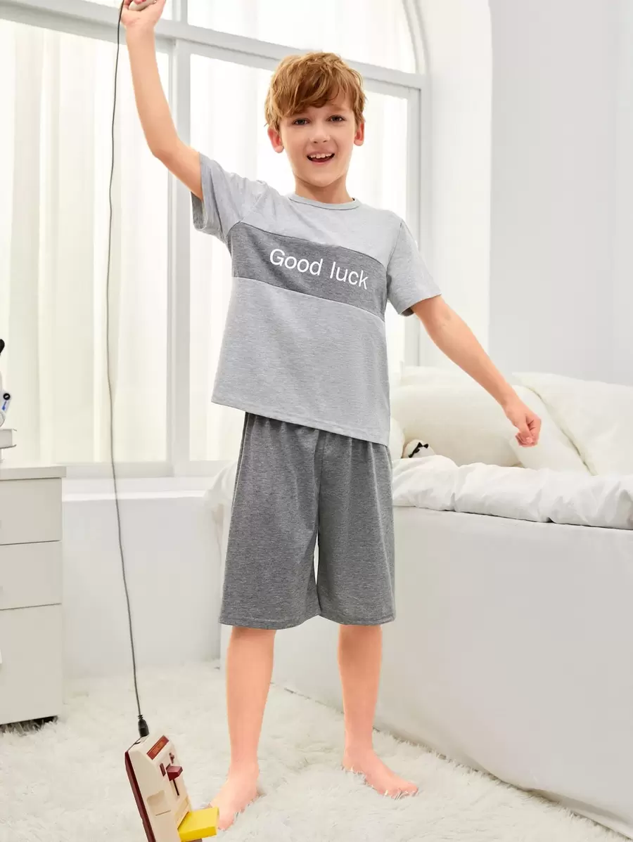 Boys Colourblock Slogan Graphic PJ Set - Grey - View 1