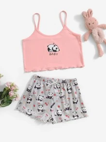 Girls Panda And Letter Graphic Lettuce Trim Cami PJ Set - Multicolor - View 1