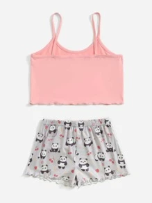 Girls Panda And Letter Graphic Lettuce Trim Cami PJ Set - Multicolor - View 2
