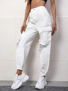SHEIN Frenchy High Waist Ripped Cargo Jeans - White - View 1