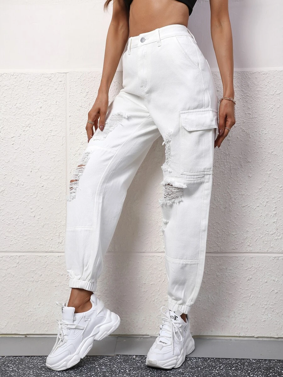 SHEIN Frenchy High Waist Ripped Cargo Jeans - White - View 1
