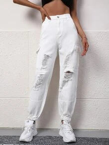 SHEIN Frenchy High Waist Ripped Cargo Jeans - White - View 3