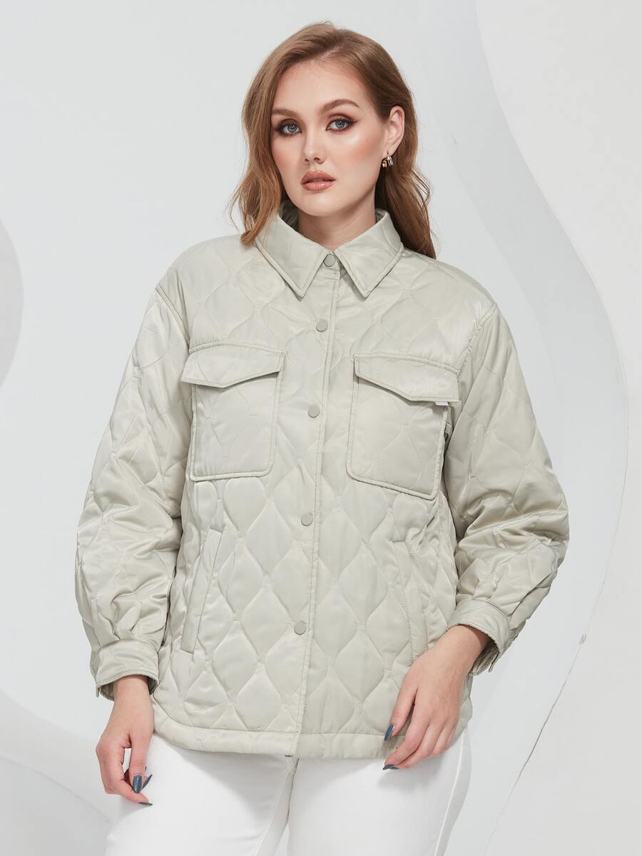 Plus Flap Pocket Quilted Coat - Green - View 1