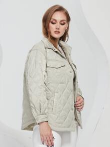 Plus Flap Pocket Quilted Coat - Green - View 3