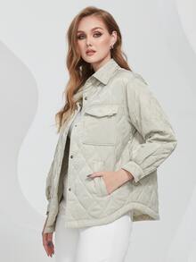 Plus Flap Pocket Quilted Coat - Green - View 5