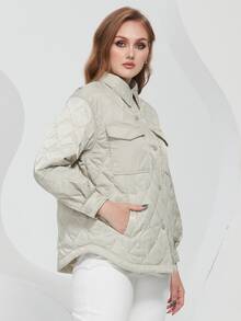 Plus Flap Pocket Quilted Coat - Green - View 6