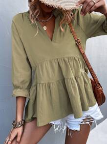 Notched Neck Flounce Sleeve Babydoll Blouse - Army Green - View 1