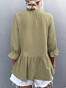 Notched Neck Flounce Sleeve Babydoll Blouse - Army Green - View 2