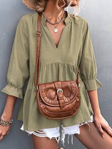 Notched Neck Flounce Sleeve Babydoll Blouse - Army Green - View 4