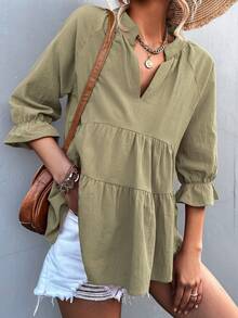 Notched Neck Flounce Sleeve Babydoll Blouse - Army Green - View 5