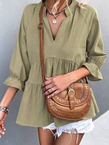 Notched Neck Flounce Sleeve Babydoll Blouse - Army Green - View 6