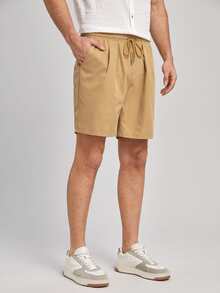 Manfinity Quần Short Nam Dây kéo Túi màu trơn Giải trí - Màu Khaki - Xem 3