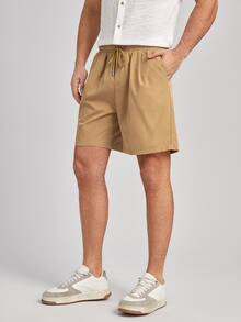 Manfinity Quần Short Nam Dây kéo Túi màu trơn Giải trí - Màu Khaki - Xem 4