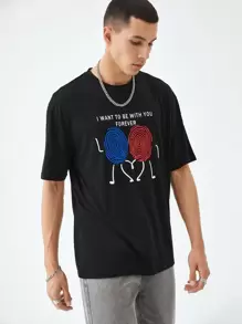 Manfinity VCAY Men T-Shirts Baggy Crew Neck Drop Shoulder Short Sleeve Graphic Tee Casual Valentine Spring Polyester - Black - View 4