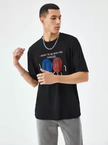 Manfinity VCAY Men T-Shirts Baggy Crew Neck Drop Shoulder Short Sleeve Graphic Tee Casual Valentine Spring Polyester - Black - View 5