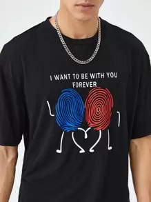 Manfinity VCAY Men T-Shirts Baggy Crew Neck Drop Shoulder Short Sleeve Graphic Tee Casual Valentine Spring Polyester - Black - View 8