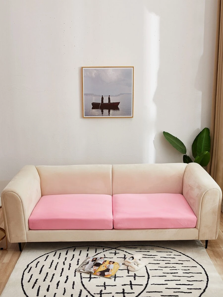 1pc Solid Color Elastic Milk Silk Sofa Cushion Cover All Seasons - Baby Pink - View 1