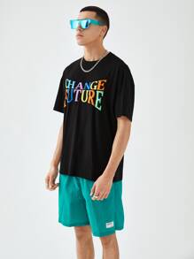 Manfinity VCAY 1pc Letter Graphic Drop Shoulder Tee & 1pc Patched Detail Drawstring Waist Shorts