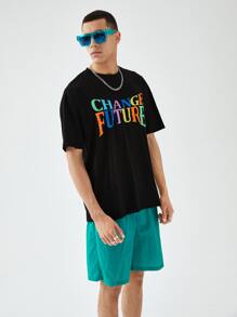 Manfinity VCAY 1pc Letter Graphic Drop Shoulder Tee & 1pc Patched Detail Drawstring Waist Shorts