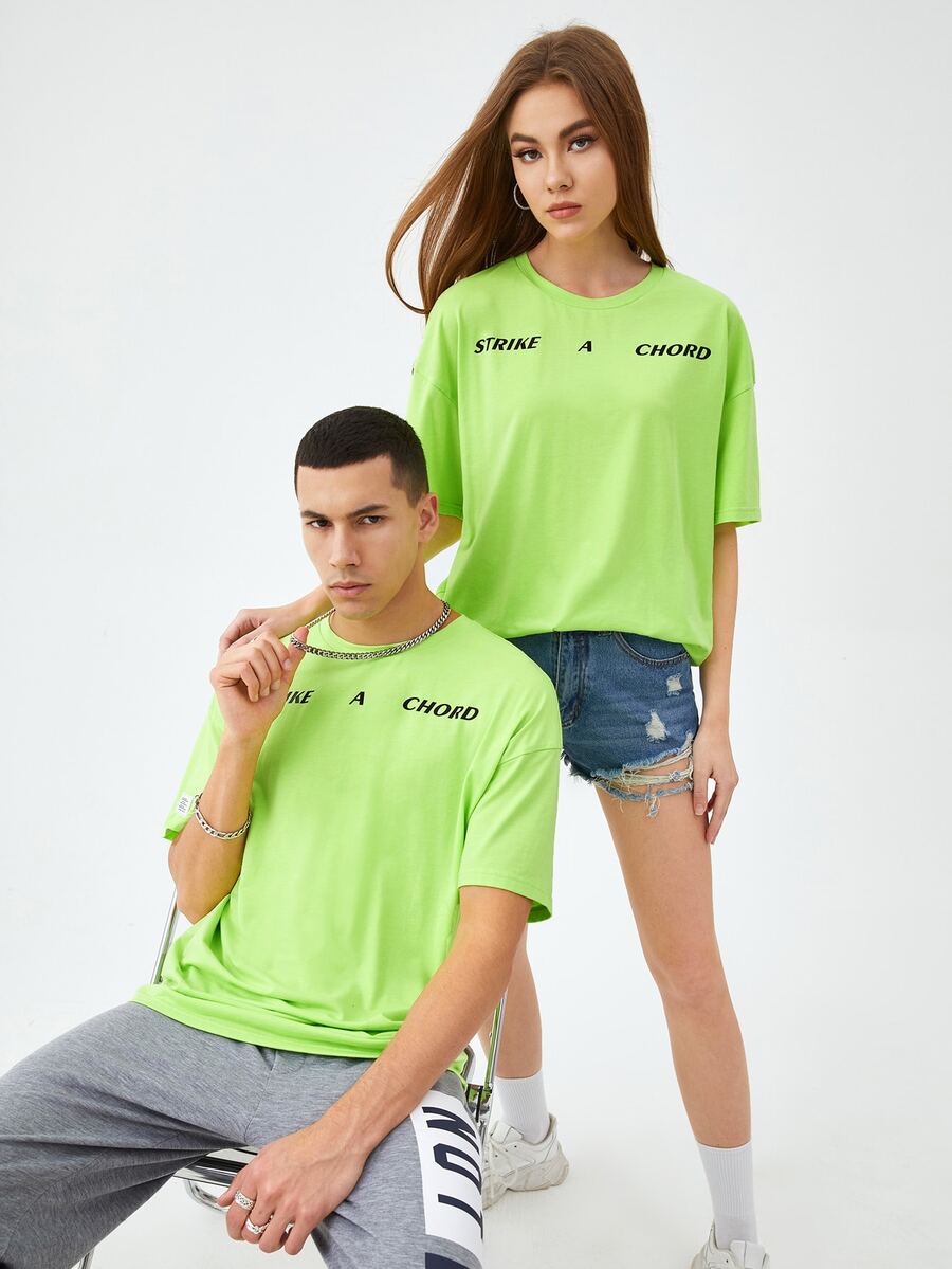 Manfinity 1pc Slogan Graphic Drop Shoulder Tee - Lime Green - View 1