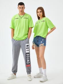 Manfinity 1pc Slogan Graphic Drop Shoulder Tee - Lime Green - View 6