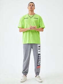 Manfinity 1入組字母圖案腰部抽繩衛褲 - 淺灰色 - 查看 3