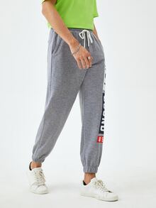 Manfinity 1入組字母圖案腰部抽繩衛褲 - 淺灰色 - 查看 6