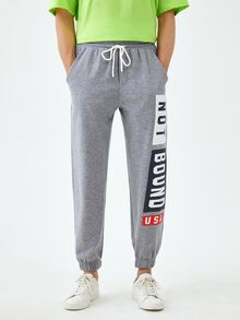 Manfinity 1入組字母圖案腰部抽繩衛褲 - 淺灰色 - 查看 7