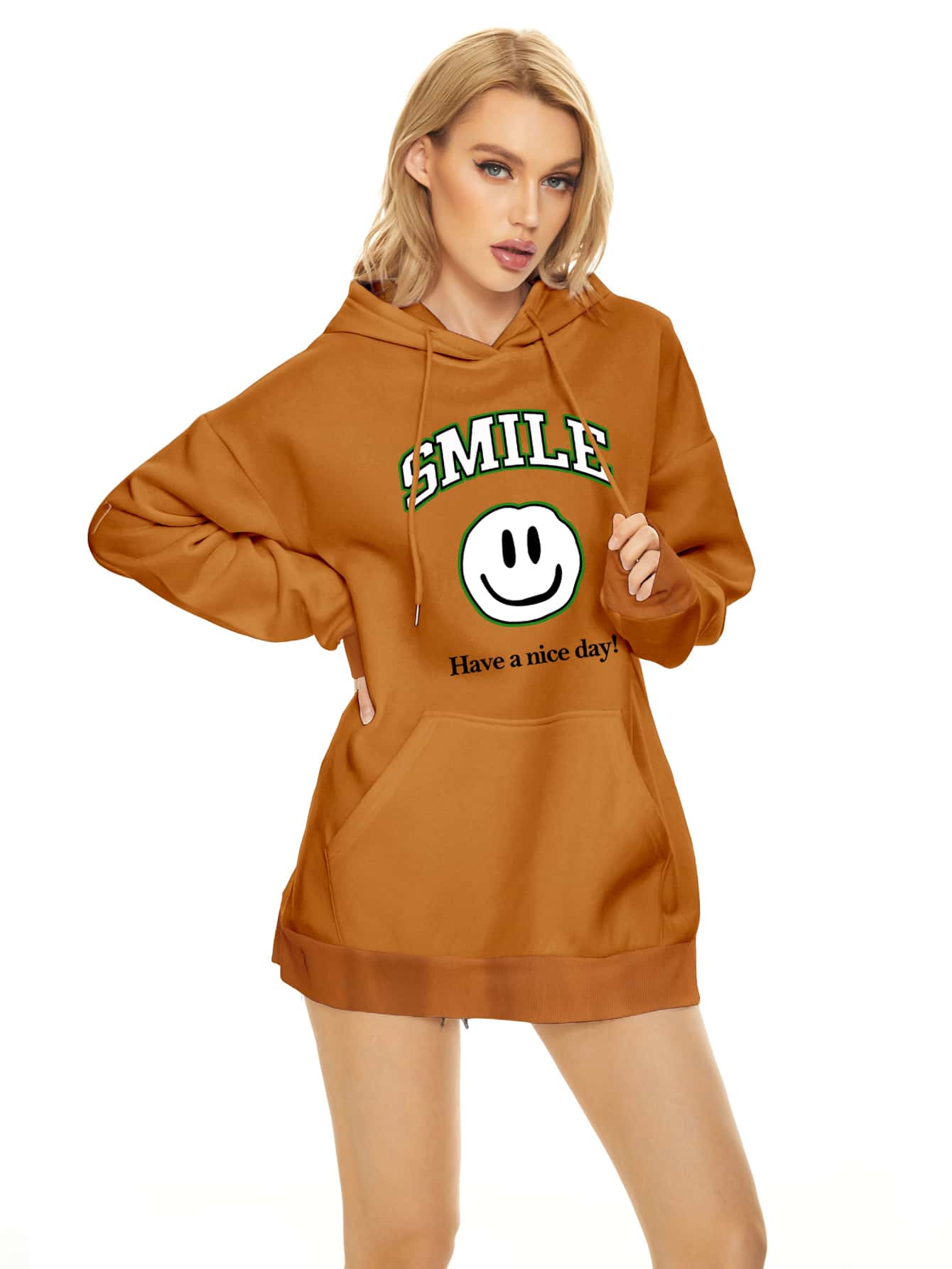 Hoodie Diễn đạt & Đồ họa Khẩu hiệu Thả vai Dây rút Kiểu Dài - màu nâu - Xem 1