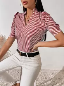 SHEIN Clasi Notch Neck Puff Sleeve Striped Top - Red and White - View 1