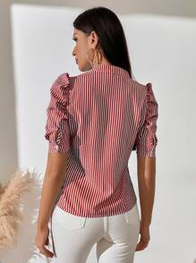 SHEIN Clasi Notch Neck Puff Sleeve Striped Top - Red and White - View 2