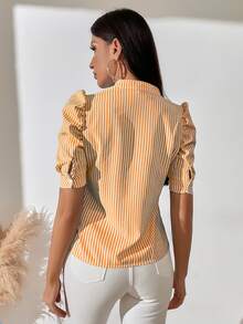 SHEIN LUNE Notch Neck Puff Sleeve Striped Top - Multicolor - View 2