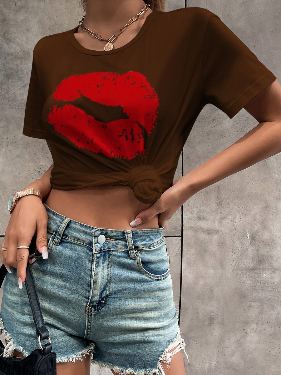 嘴唇印花圓領T恤 - 巧克力棕 - 查看 1