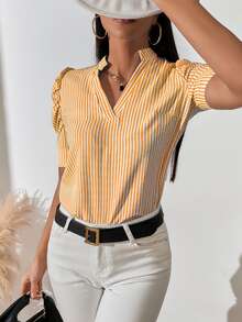 SHEIN LUNE Notch Neck Puff Sleeve Striped Top - Multicolor - View 3
