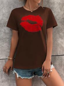 嘴唇印花圓領T恤 - 巧克力棕 - 查看 5