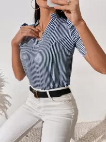 SHEIN Clasi Notch Neck Puff Sleeve Striped Top - Blue and White - View 3