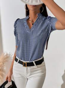 SHEIN Clasi Notch Neck Puff Sleeve Striped Top - Blue and White - View 5