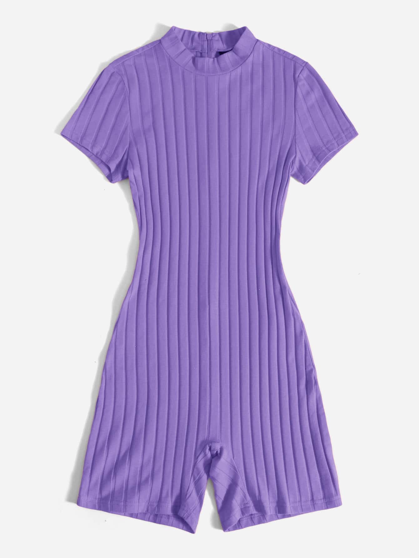 SHEIN EZwear Mock Neck Rib-knit Unitard Romper - Violet Purple - View 3
