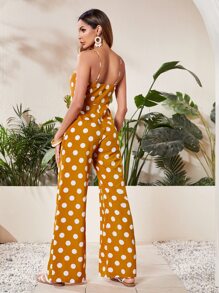 SHEIN Polka Dot Split Thigh Wide Leg Cami Jumpsuit - Mustard Yellow - View 2