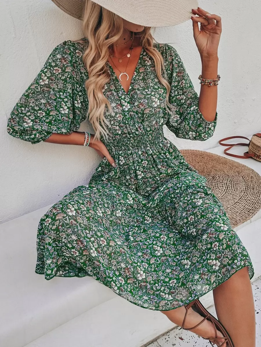 SHEIN VCAY Đầm Dải chun Hoa Boho - Nhiều màu - Xem 1