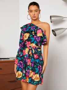 SHEIN VCAY Đầm Thắt lưng Xù Hoa Tất cả trên in Boho - Nhiều màu - Xem 3