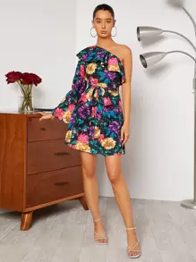 SHEIN VCAY Đầm Thắt lưng Xù Hoa Tất cả trên in Boho - Nhiều màu - Xem 4