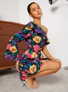 SHEIN VCAY Đầm Thắt lưng Xù Hoa Tất cả trên in Boho - Nhiều màu - Xem 6