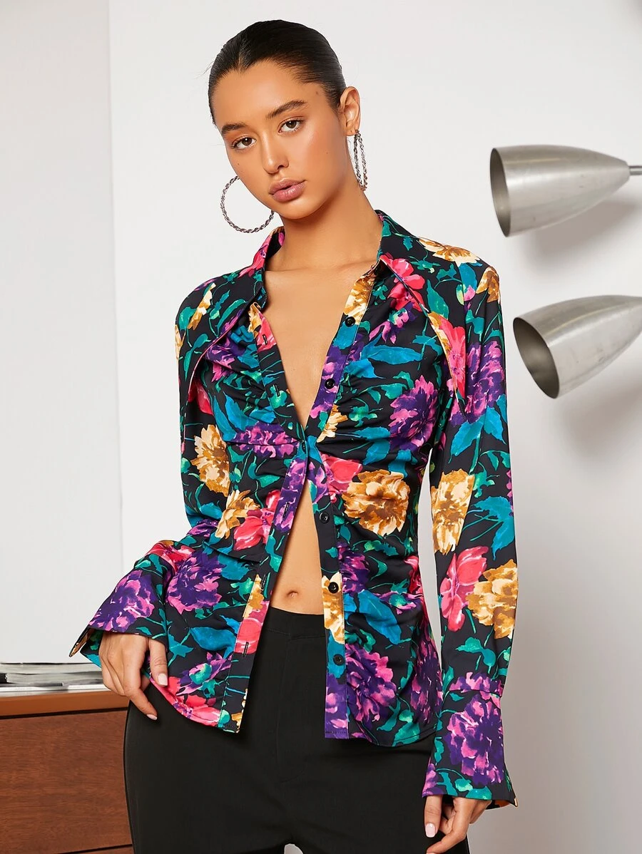 SHEIN Áo sơ mi In hoa Xù - Nhiều màu - Xem 1