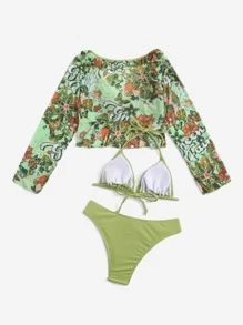 ROMWE Fairycore 3packs Ribbed Bikini With Floral Kimono, For Summer Beach Vacation - Green - View 8