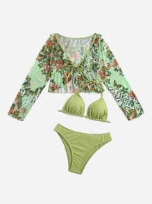 ROMWE Fairycore 3packs Ribbed Bikini With Floral Kimono, For Summer Beach Vacation - Green - View 7