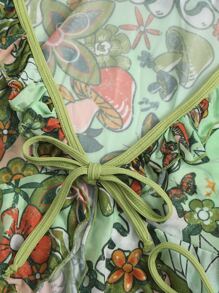 ROMWE Fairycore 3packs Ribbed Bikini With Floral Kimono, For Summer Beach Vacation - Green - View 9