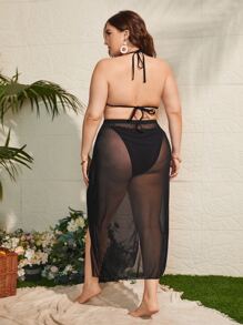 Bộ bikini tam giác dây trơn có kích thước lớn với váy đi biển Bãi biển mùa hè - màu đen - Xem 2