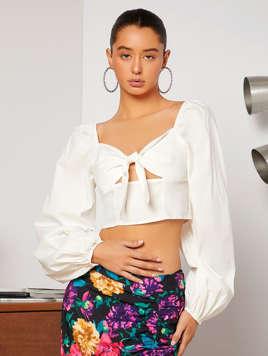 SHEIN VCAY Lantern Sleeve Sweetheart Neck Knot Front Cut Out Crop Blouse - White - View 1
