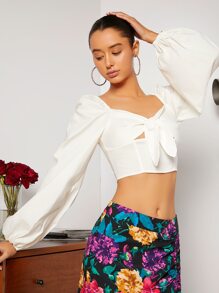 SHEIN VCAY Lantern Sleeve Sweetheart Neck Knot Front Cut Out Crop Blouse - White - View 3